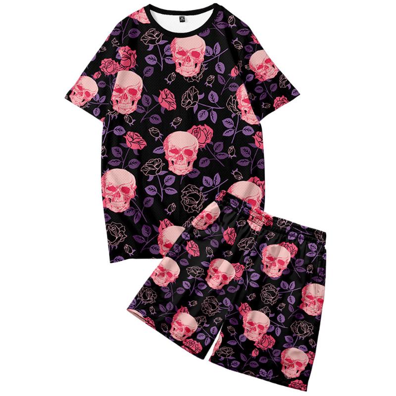 

Men's Tracksuits Skull Rose Floral Printed Hawaiian Beach Short Sleeve T-Shirt + Shorts Casual Streetwear Loose Basketball Clothes Size XXS-, Gray
