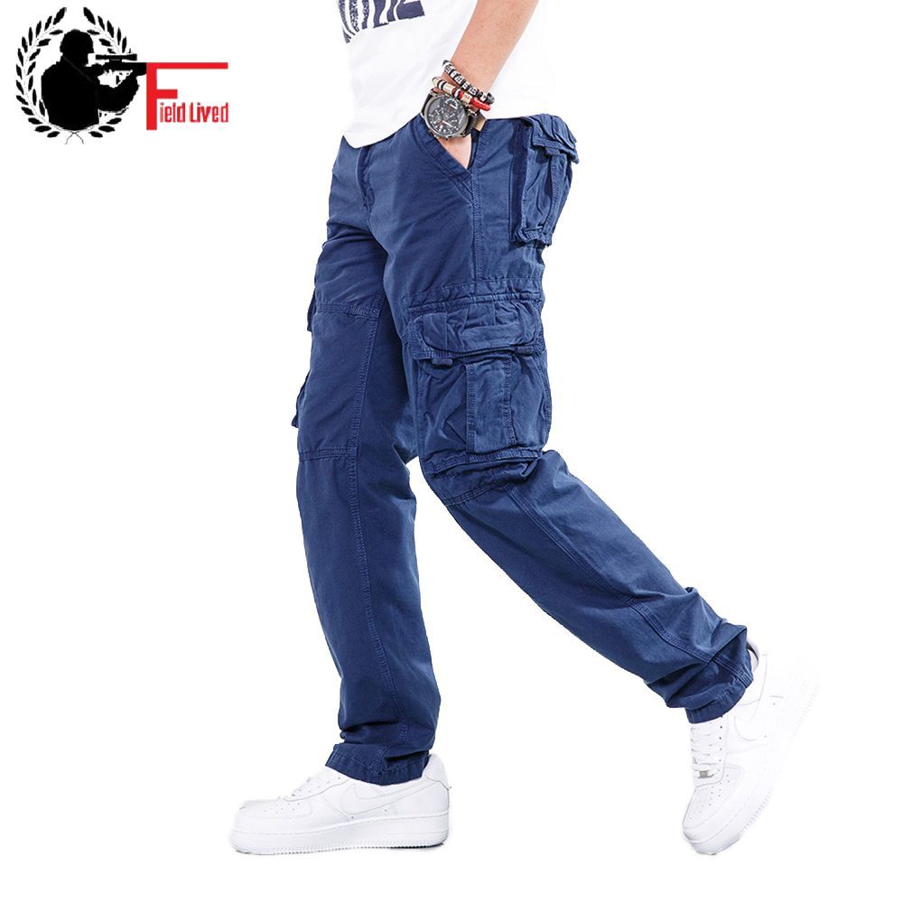 

Pants Cargo Men Blue Cotton Full Length Khaki Black Army Green Military Style Many Pockets Casual Pants Male Straight Trousers 210518