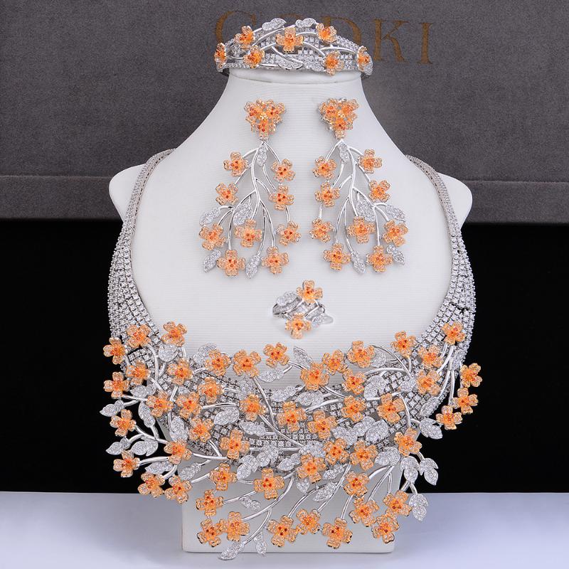 

Earrings & Necklace GODKI Big Luxury Plum Blossom African Cubic Zircon CZ Nigerian Jewelry Sets For Women Wedding Beads Bridal, As pic