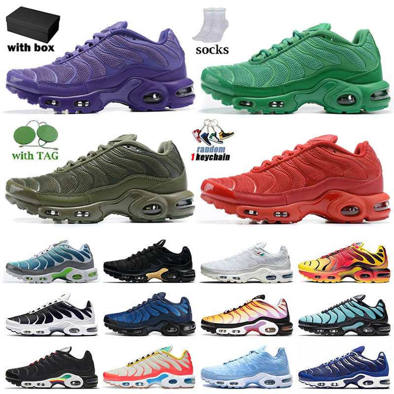 

[With Box] mens tn plus running shoes womens all green purple Tn-Plus air sport sneakers triple red shark black cloud white fade chorome tropical tides trainers size 36-46, D21 40-46 dark green