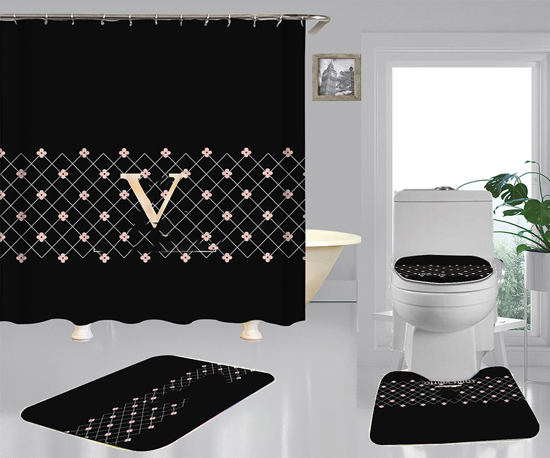 

Letter Printed Shower Curtains 4 Piece Set Waterproof Designer Curtain Toilet Cover Mats For Bathroom Accessories