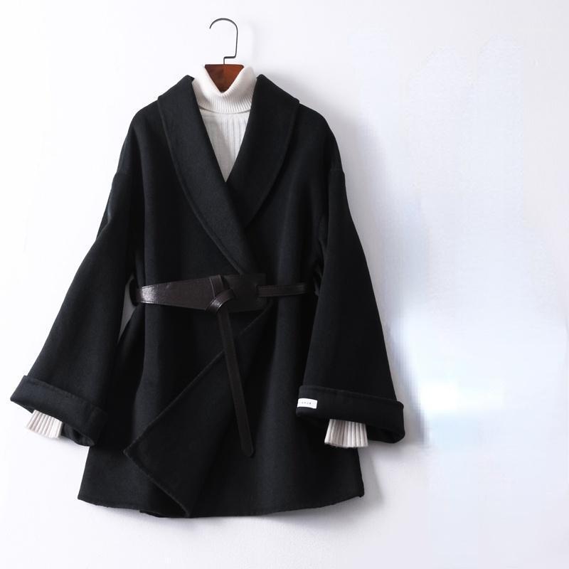 

Women' Wool & Blends Autumn Coats Women Double-faced Woolen Coat Spring Fashion Black Short Jackets With Belt Casaco Feminino Inverno Gmm99