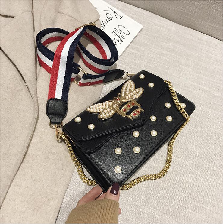 

factory outlet women handbag exquisite diamond chain bag sweet lady Pearl decoration womens shoulder bags striped wide shoulders strap fashion handbags