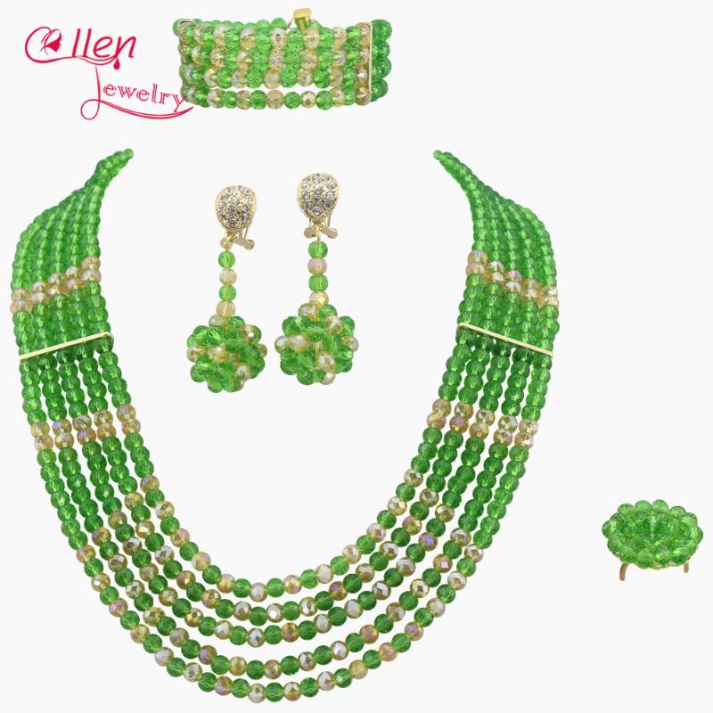 

Earrings & Necklace Green African Wedding Jewelry Set Nigerian Bridal Crystal Beads Women W6333, As pic