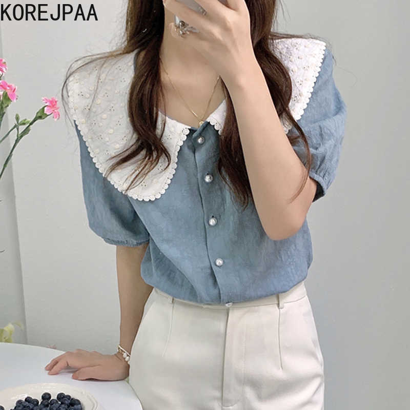 

Korejpaa Women Shirt Summer Temperament Gentle Lace Crochet Doll Collar Stitching Loose Single-Breasted Puff Sleeve Blouses 210526, Blue