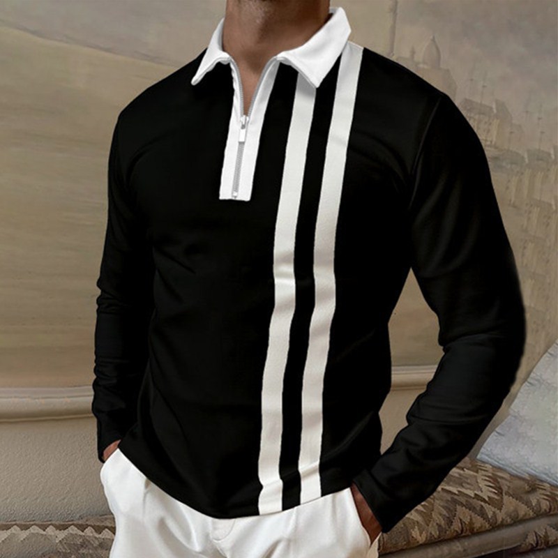

New autumn men's long sleeved top lapel matching loose polo shirt plus size polo shirts, Style 3