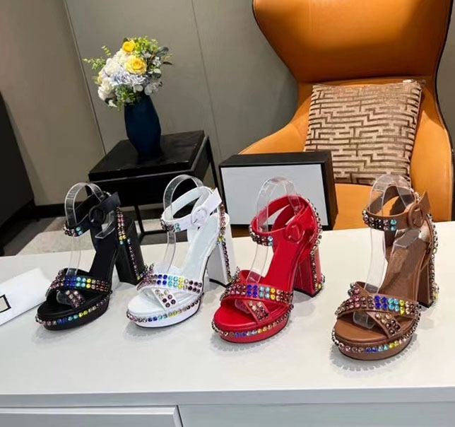 

Direct selling! Women's real leather sandals fashion diamond inlaid sewn high heels summer sexy luxury display party wedding shoes delivery box size 35-43, Red