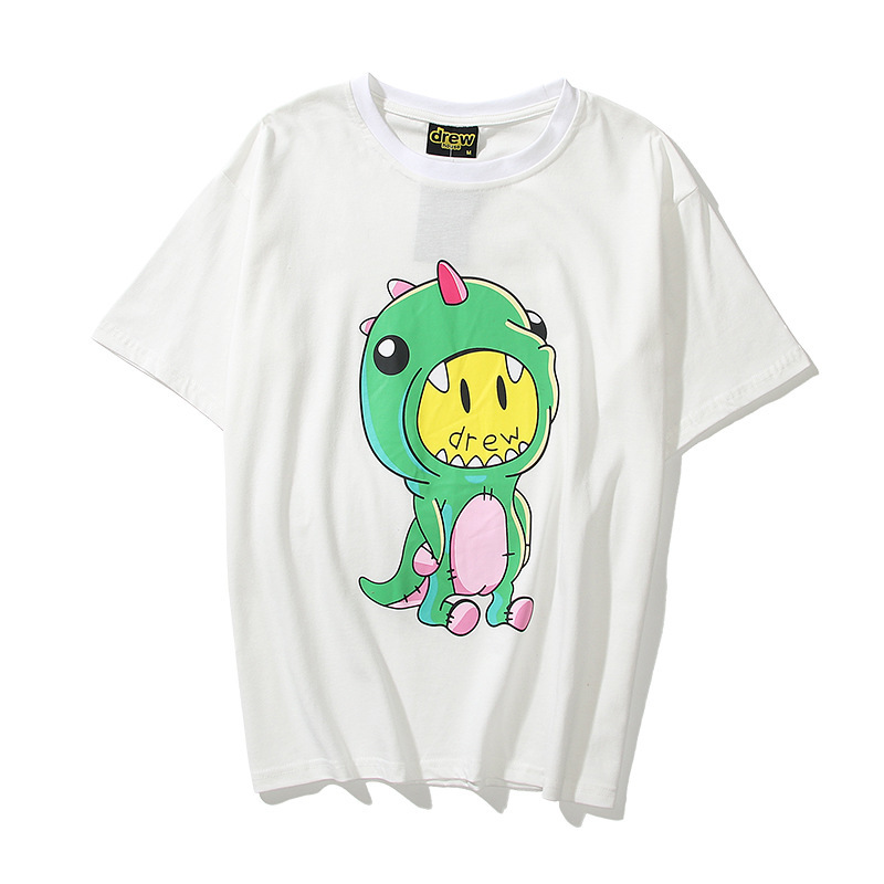 

Drew house smile Justin Bieber same cartoon dinosaur print men's and women's Short Sleeve T-Shirt ED2Q, White;black