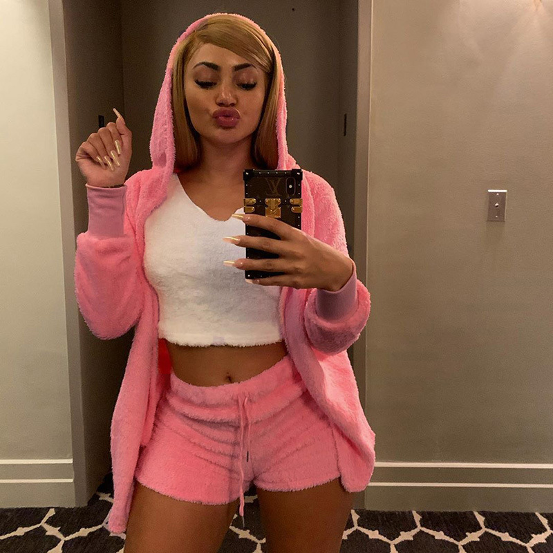 

Paris Girl Autumn Hooded Sweatshirt Shorts Suit Women Solid Sexy Cardigan 2-Piece Set Fleece Tracksuit Sets 210524, Pink