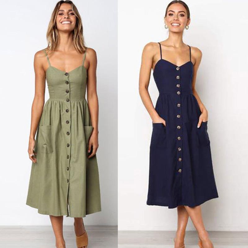 

summer womens dress midi cap sleeve sling backless sleeveless button striped dot print solid beach with pockets female sundress, Black;gray