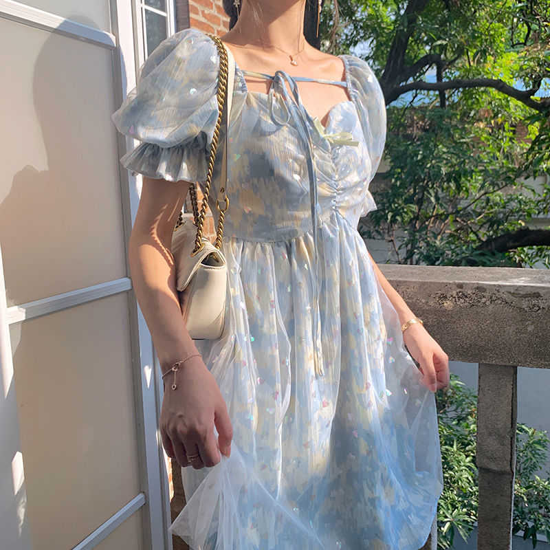 

Elegant Floral Dres Short Sleeve Belt Kawaii Mini Square Collar French Sweet Sexy Party es Summer Korean 210604, Floral dress