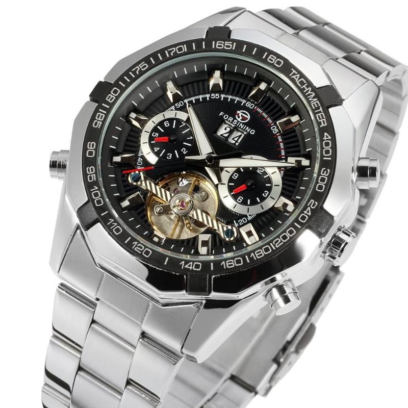 

Wristwatches Forsining Men's Mechanical Watches Automatic Day Calendar Self-Winding Tourbillon Stainless Steel Wrist Watch Relogio Masculino, Silver black