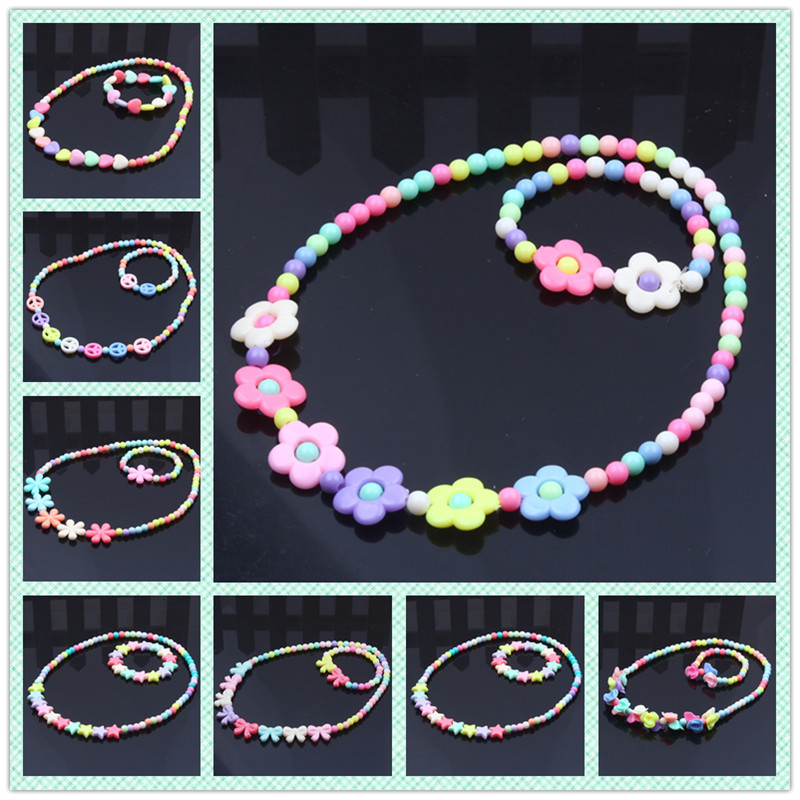 

Kids Beaded Necklace Bracelet Jewelry Set Fashion Cute Pink White Pearl Pendant Accessories 2049 Y2, Mixed designs and colors