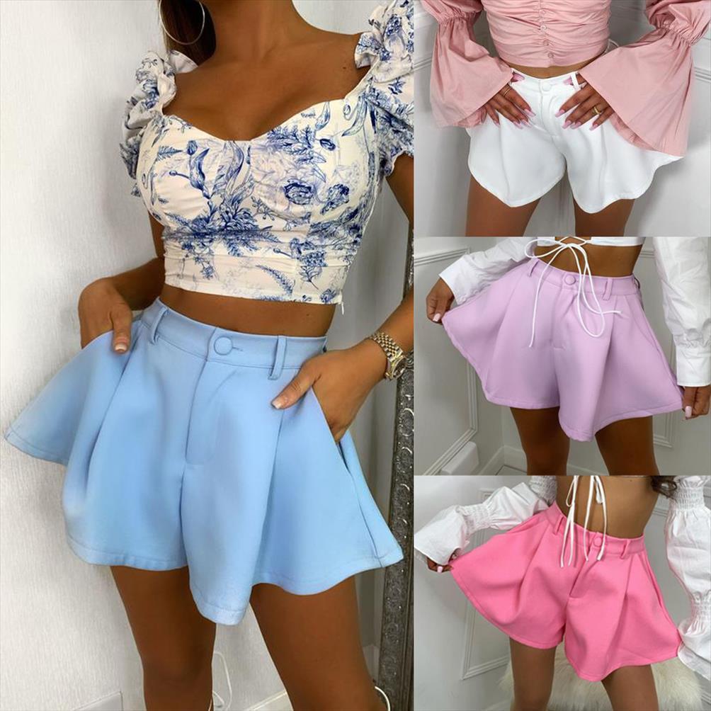 

4 colors summer pants women shorts solid color high waist flared with pockets for female daily garment, White;black