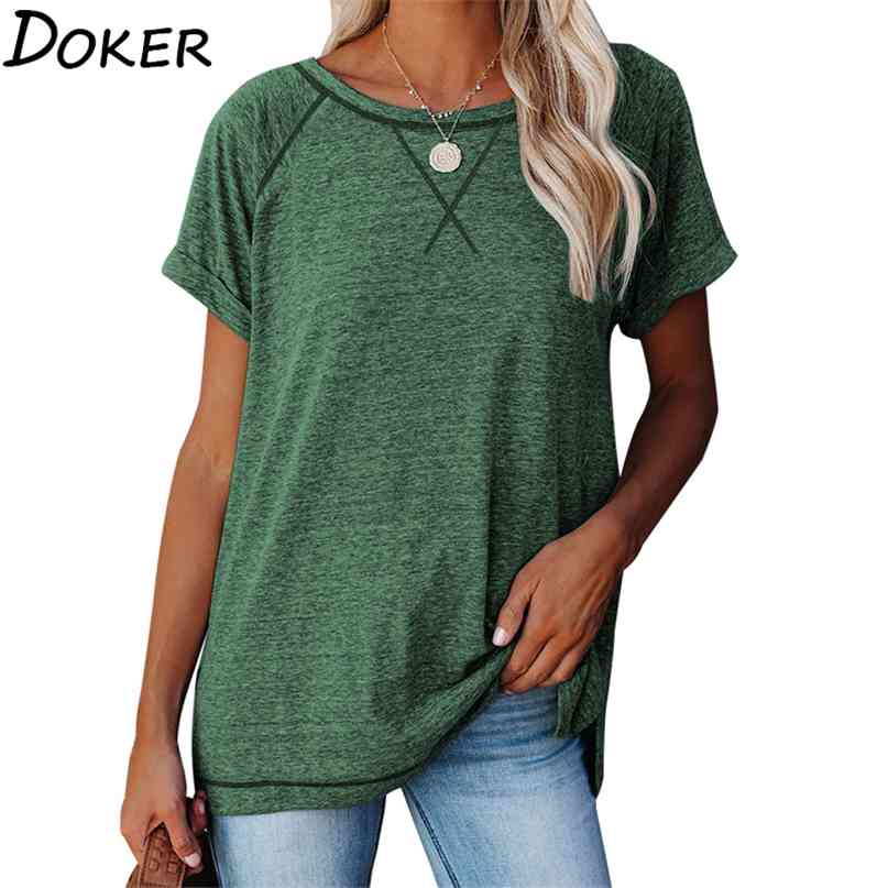 

Color Blocking Cross Stripe O-neck Short Sleeved Large Size Women T Shirt Loose Casual Daily Outfit 210603, Black-1