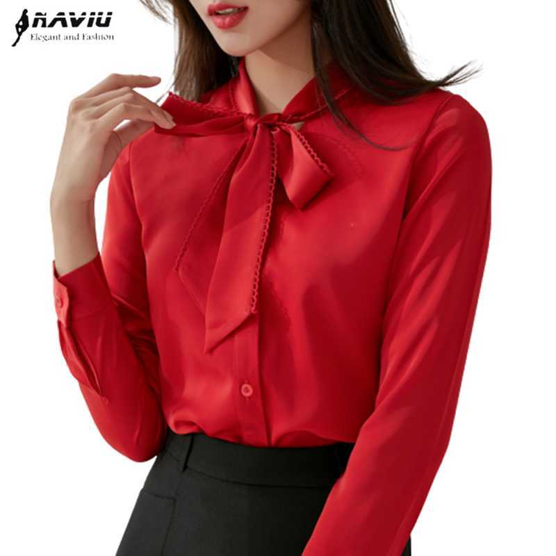 

Elegant Women Red Shirt Autumn Chiffon Long Sleeve Bow Design Temperament Blouses Office Ladies Fashion Formal Work Top 210604, White