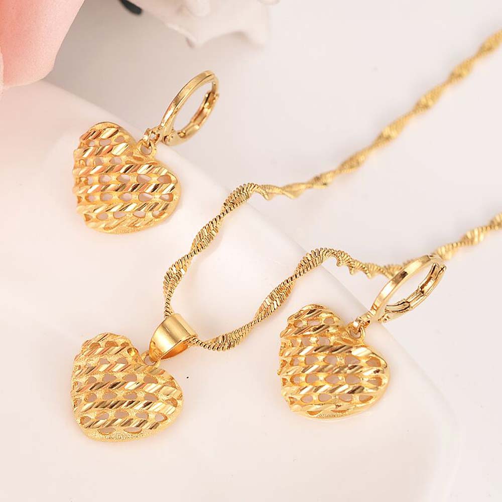 18 K Yellow Fine Gold Heart Hole Pendant Lady's Necklace Earrings Reseau Jewelry Set-image-678387235