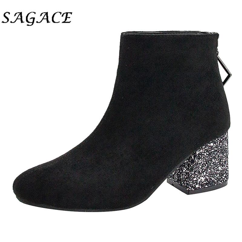 

Boots SAGACE Shoes Ladies Black Flock Women Pointed Toe Square Heel Plush Zipper 2021 Winter Ankle Platform
