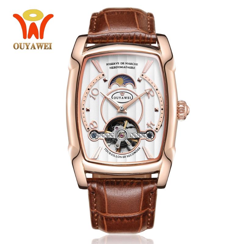 

Wristwatches Luxury Gold Mens Automatic Mechanical Wristwatch Business Tonneau Phase Leather Tourbillon Moon Waterproof Watch Gifts, Slivery;brown