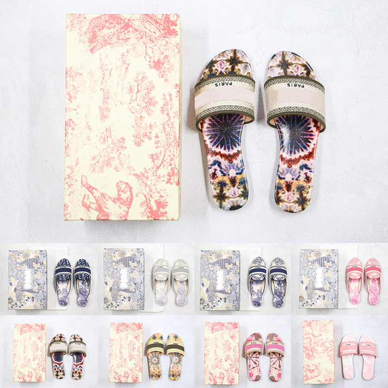 

[With box]2021 Paris women slippers sandals denim designer leather summer flat outdoor beach ladies rainbow lettered, Black
