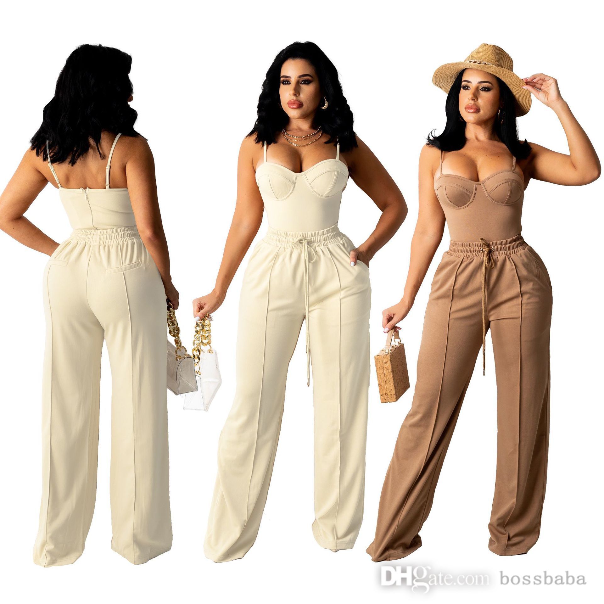 

Fashionable Women Two Piece Pants Suspender Vest Tracksuits Suit With Drawstring Stereo Wide Leg Suit S-XL, Nude