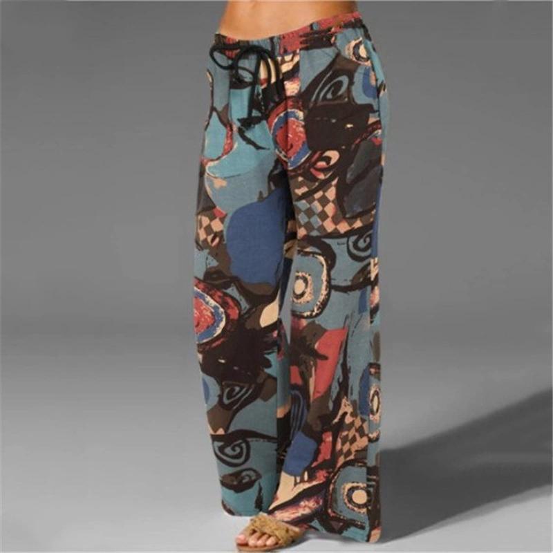 

Women's Pants & Capris 2021 Ladies Casual Fashion Retro Drawstring Loose Printed Sports Trousers Fashionable Design Comfy Ropa De Mujer, Blue