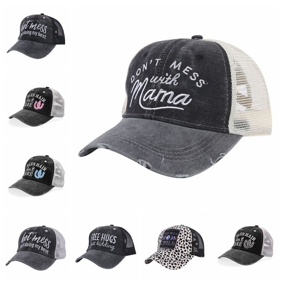

Criss Cross Ponytail Hat Don't Mess With Mama Hot Mess Letter Embroidery Messy Bun Summer Mesh Outdoor Cpas OOA10011, Blue;gray