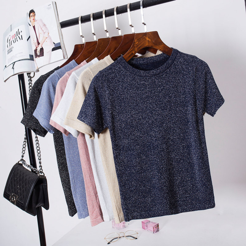 

Knitted Summer T Shirt Women Casual Short Sleeves T-Shirt Breathable Elasticity Kintwear Top Female Tshirt womens tee tops 210518, Black