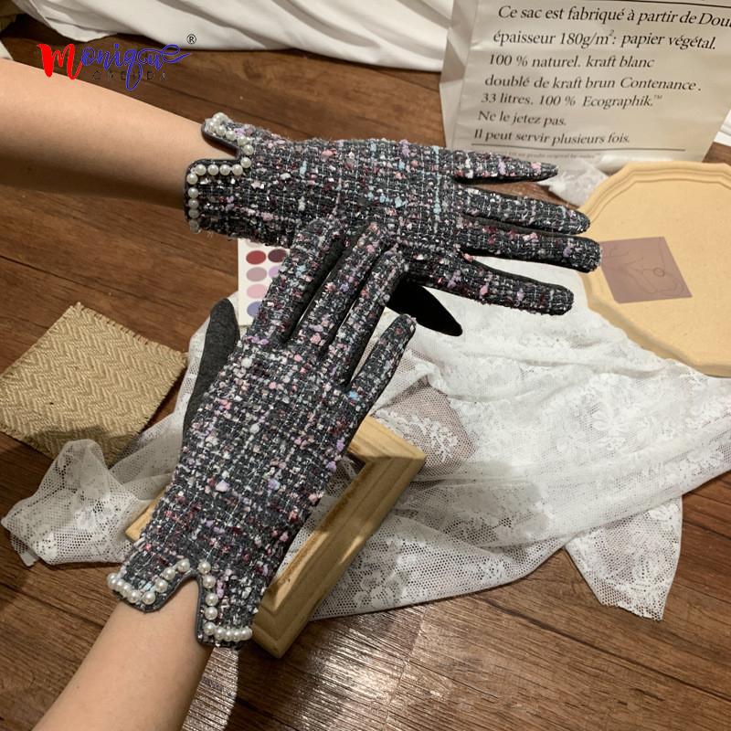 

Five Fingers Gloves Brand Women' Winter Plus Velvet Thicken Warm Touch Screen Elegant Pearl Full Finger Cycling Driving, Blue;gray