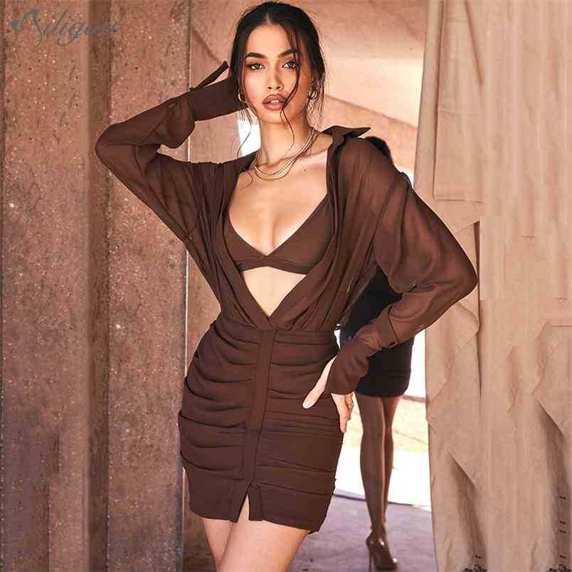 

Summer High-Quality Women'S V-Neck Long-Sleeved Chocolate Color Chiffon Shirt Mini Dress Sexy Party 210525, Brown