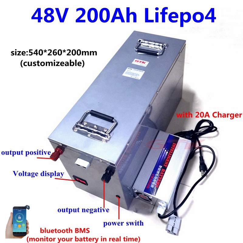 

steel case 48V 200Ah 180Ah 160Ah 150Ah 130Ah 120Ah 100Ah Lifepo4 battery for 5000w motorhome solar system boat RV+10A Charger