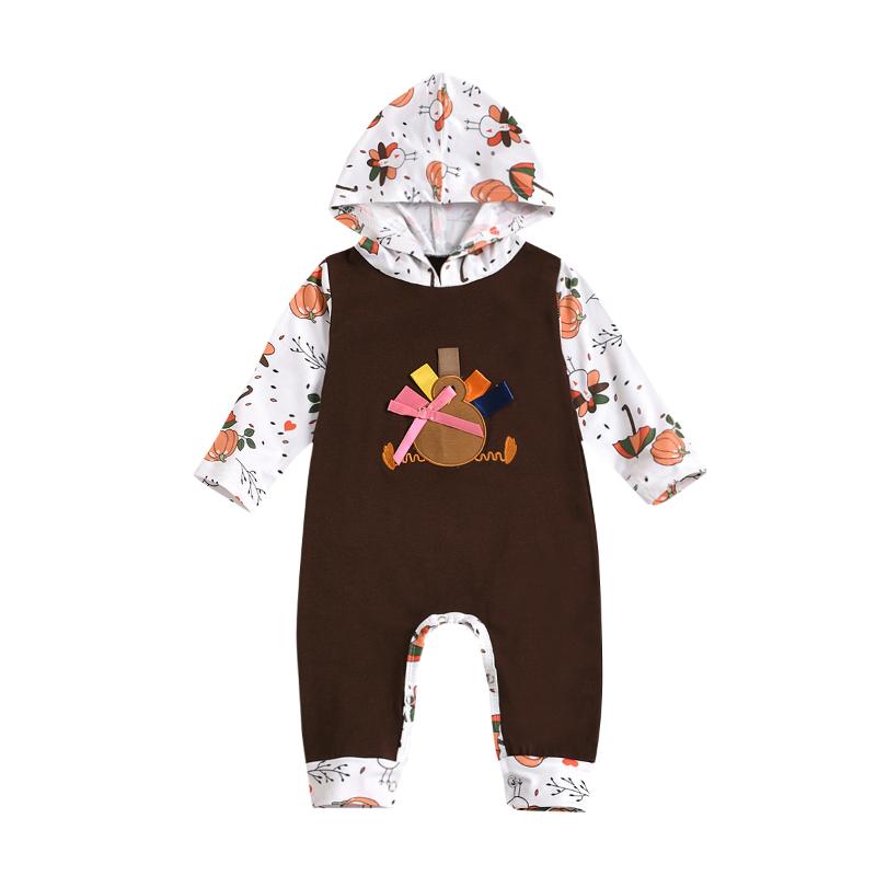 

Jumpsuits FOCUSNORM Thanksgiving Day Born Baby Girls Boys Romper Turkey Print Long Sleeve Hooded Button Cartoon Pattern Pumpkin Suit, As pic