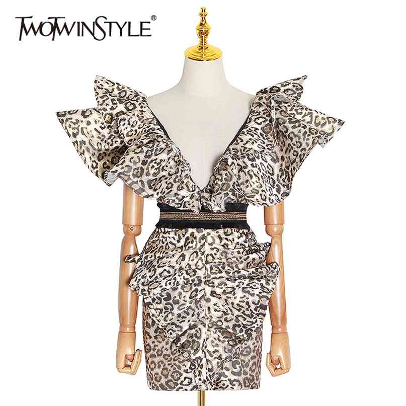 

Vintage Ruffle Leopard Dress Women V Neck Sleeveless Backless Sexy Bodycon Dresses Female Spring Fashion 210520, As picture