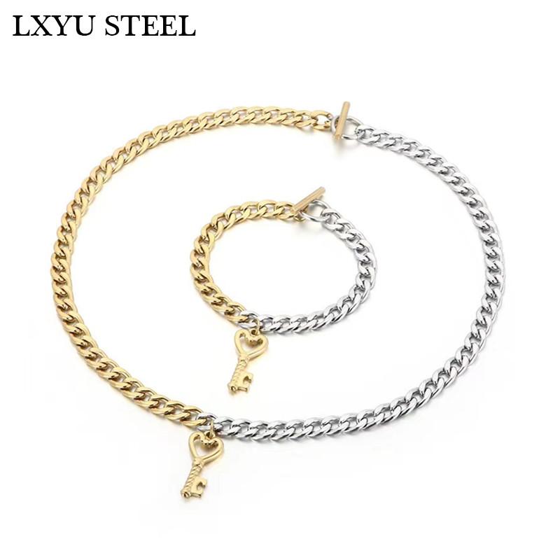 

Earrings & Necklace 316L Stainless Steel Necklaces Key Chain Shape Charm Bracelet Pendant Women Costume Jewelry Set, Silver