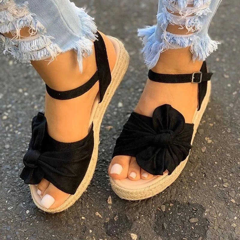 

Women Casual Sandals 2021 Summer Shoes Hemp Flats Platform Bowknot Buckle Strap Fashion Woman New Peep Toe Slippers Y0721, Black