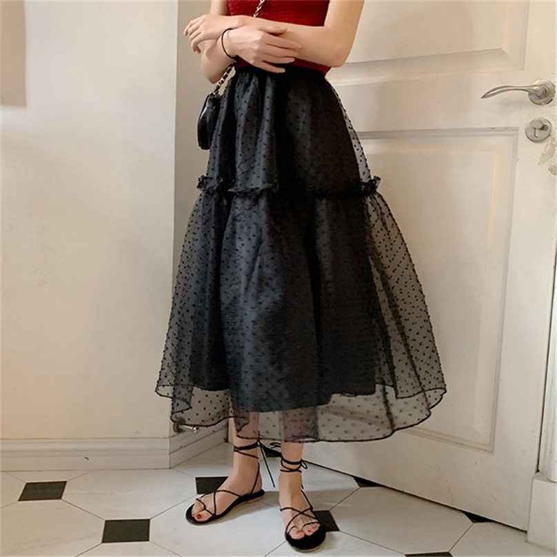 

Black Casual High Waist Ball Gown Mesh Polka Dots Summer Fairy All Match Streetwear Chic Loose Women Skirts 210525