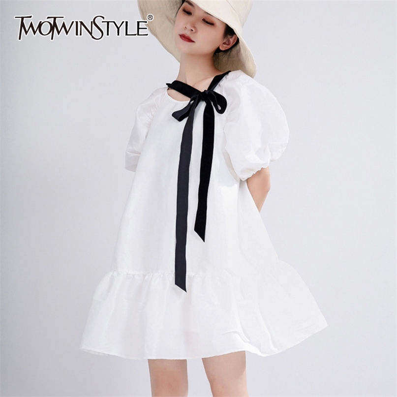 

Elegant Patchowrk Bow Women Dress O Neck Lantern Short Sleeve High Waist Mini Hit Color Dresses Female Clothing 210520, White