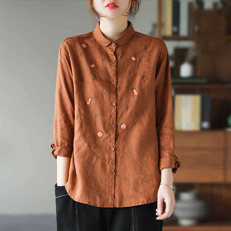 

Johnature Spring Peter pan Collar Embroidery Blouses Casual Loose Vintage Tops Women Cotton Mori Girls Shirts 210521, Orange
