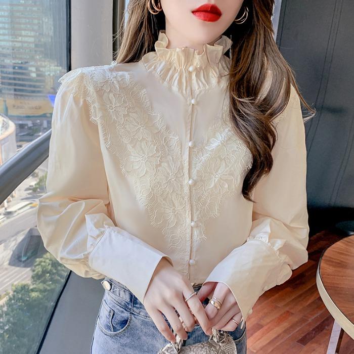 

2021Embroidered Lace Stitching Shirt Women Spring Temperament All-match Stand-up Collar Long-sleeved Bottoming Women' Blouses & Shirts, Beige