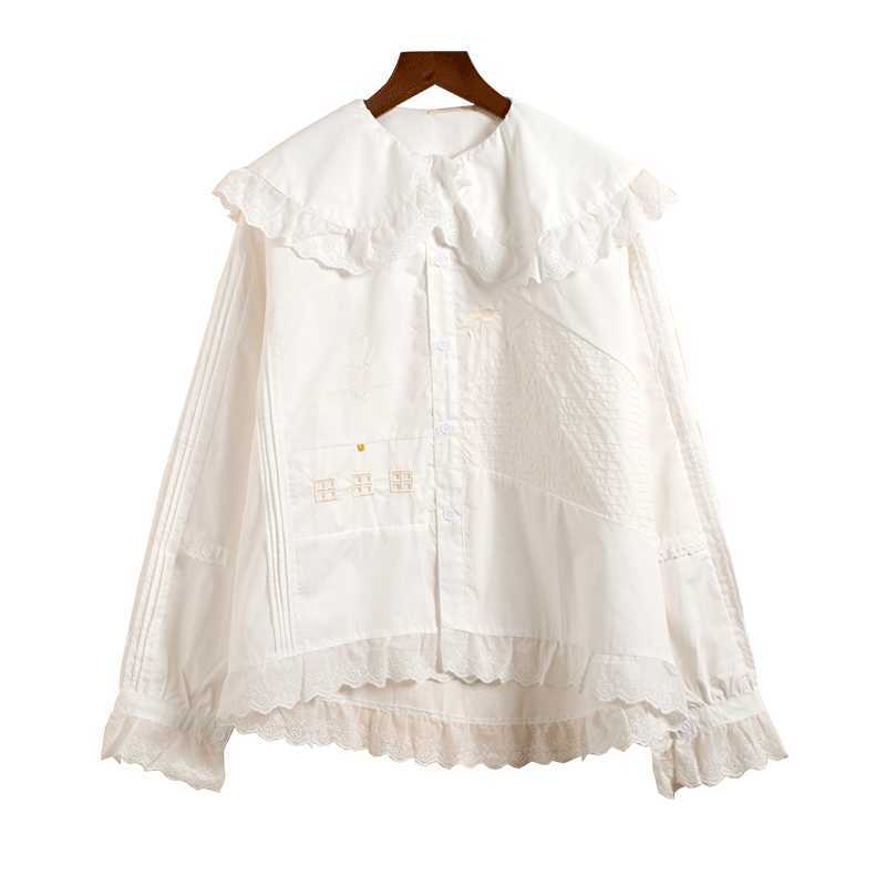 

White Lace Ruffles Women Shirts Summer Long Sleeve Peter Pan Collar Cotton Blouse Preppy Style Ladies Tops 210526