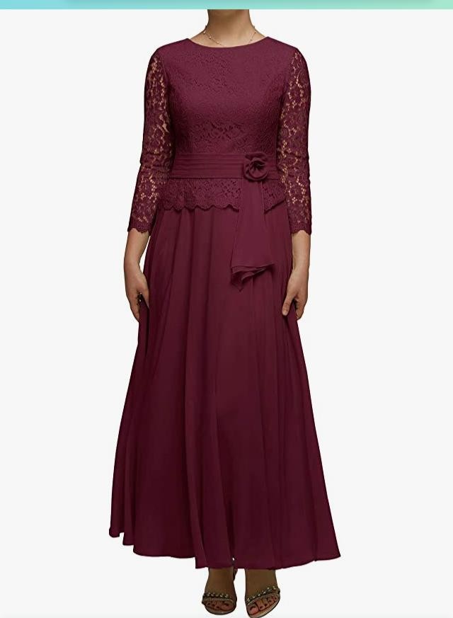 

2021 Sexy Burgundy Arabic Plus Size Mother Of The Bride Dresses Lace Chiffon Jewel Neck Illusion Three Quarter Sleeves Ankle Length Evening Gowns Wedding Guest Dress