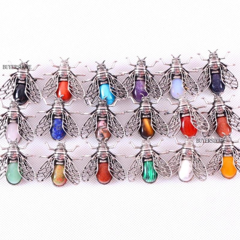 Pins, Brooches 1Pcs Cicada Brooch Natural Stone CAB Cabochon Pendant Onyx Tiger&#039;s Eye Opal Lapis Bead For Men Women Jewelry Gift-image-707210757