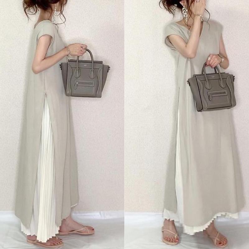 

Casual Dresses Japanese Summer Solid Color Simple Loose Plus Size Two-Piece Suit Pleated Stitching Big Swing Short Sleeve Dress Long Skirt F, Gray