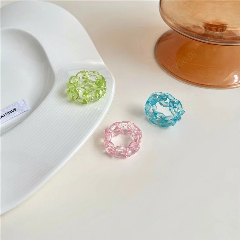 

Korean Individual Retro Color Resin Acrylic Geometric Chain Rings for Women Party Jewelry