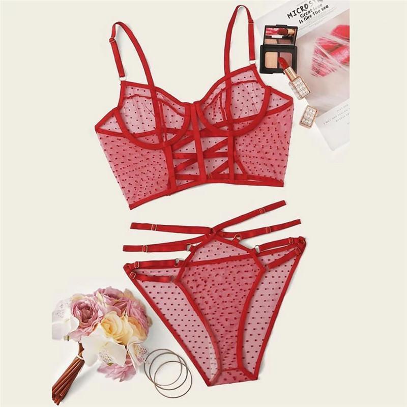 

Bras Sets 2PCS Red Polka Dot Hollow Lingerie Sexy Lace Black Sleepwear Babydoll Cut-Out, As pic