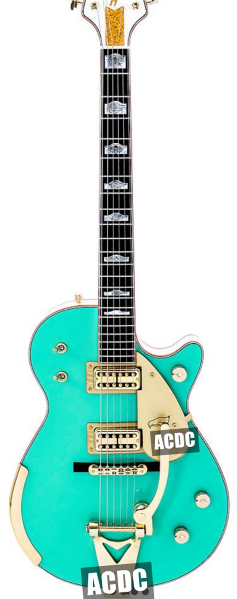 

Chretsch Masterbuilt 1955 Duo Jet Surf Green Electric Guitar White Back Sides Headstock, Gold Sparkle Binding, Bigs Tailpiece,