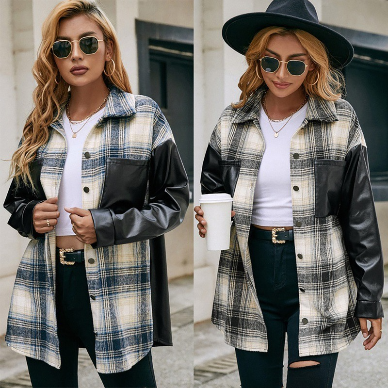 

ZA Women's Coat Fashion Loose Plaid Color Matching Shirt Casual Double Pocket PU Stitching Jacket Outerwear Overcoat Tops Blouse, Black;brown
