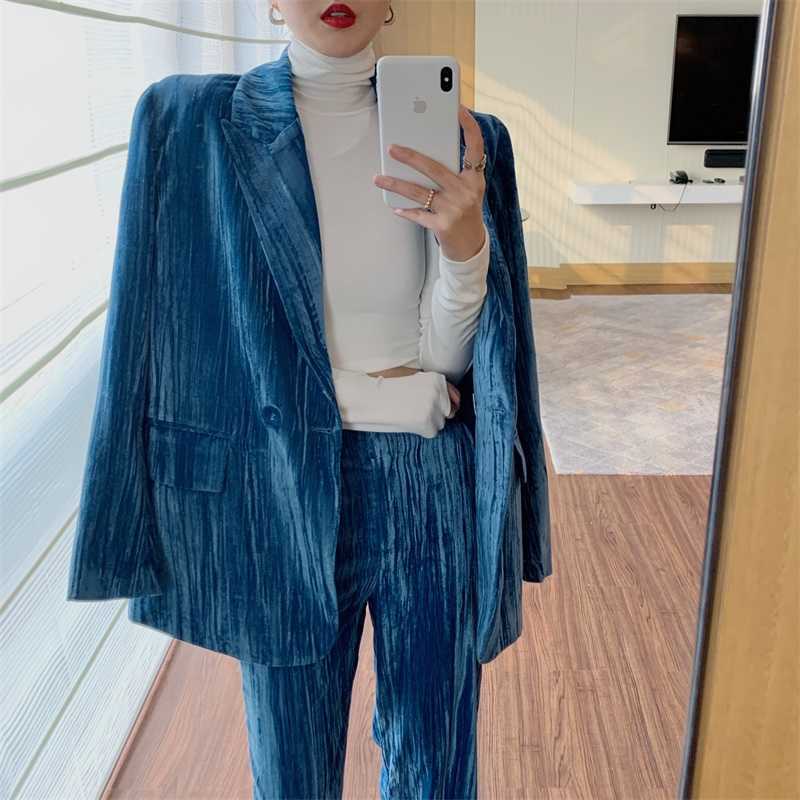 

Vintage Blue Velvet Notched Suit Jacket Spring Summer Loose Slim Women Blazers 210615, Trousers