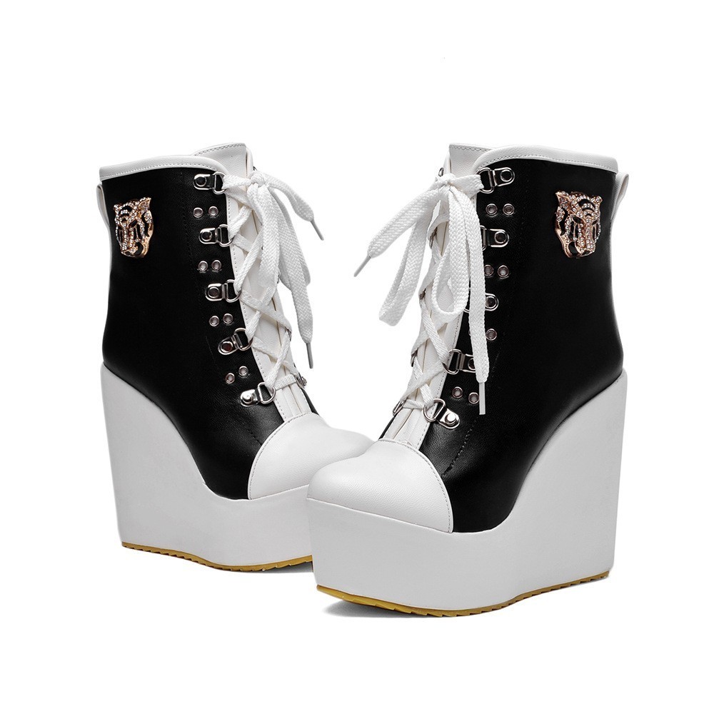 

New Wedges Ankle Boots White Black Round Toe Wedge Shoes Thick Platform Boots Women Lace Up Autumn 12cm High Heels Booties Drop Shipping, Blue