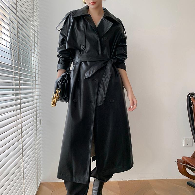 

Women' Trench Coats Womens PU Leather Long Lapel Sleeve Loose Fit Windbreaker Tide Autumn Winter Fad Clothes Plaszcze Damskie, Black